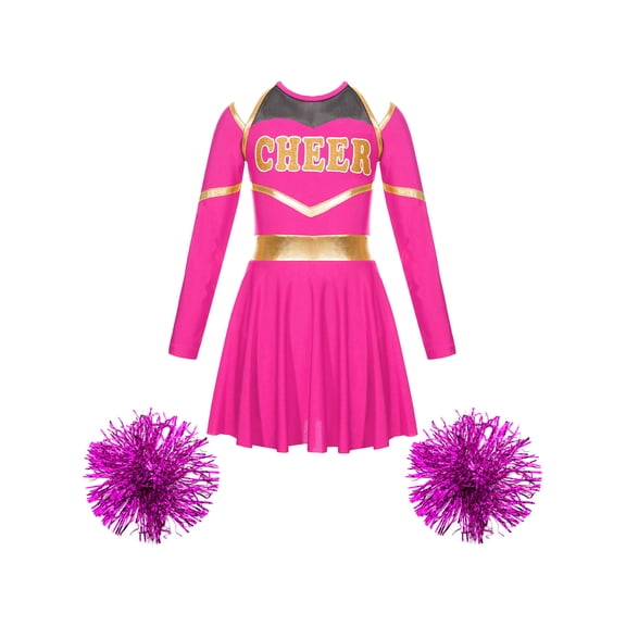 vastwit Kids Girls Cheer Leader Fancy Dress with Pom Poms Cheerleading Outfits Hot Pink 16