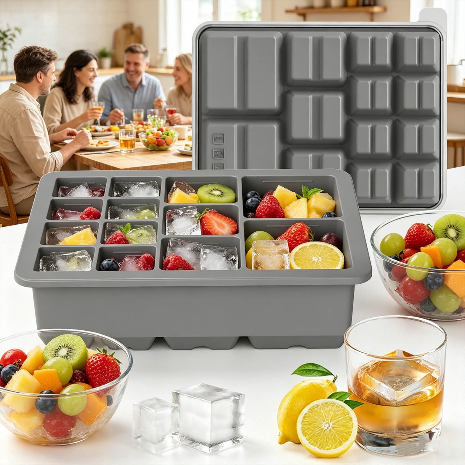 Fufafayo 13 Compartment Silicone Ice Maker Tray for Countertop, Multi Size Flexible Ice Maker, Easy Release Ice Molds, Coffee Cocktail Ice for Home Office Bar