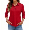 thumbnail image 5 of Women's Polo Shirts 3/4 Length Sleeve Tops Collared Button Down Golf Tee Casual Spring Summer Work T Shirts Red 2XL, 5 of 5