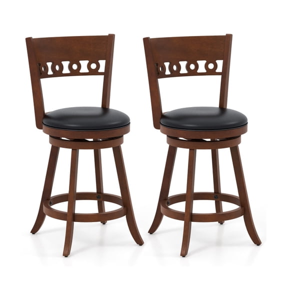 Furnibear Swivel Bar Stools Set of 2 with Rubber Wood Frame and Backrest for Kitchen Island Breakfast Bar and Counter Height Dining Seating, Brown