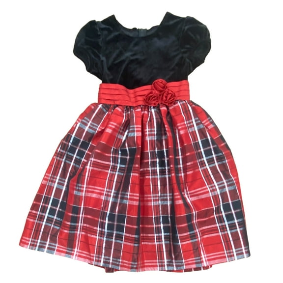 Girls Short Sleeve Red & Black Metallic Short Sleeve Plaid Christmas Dress 12