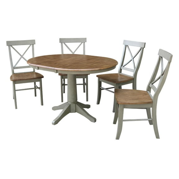 36" Round Solid Wood Extension Dining Table With 4 Cross Back Chairs in Distressed Hickory/Stone by International Concepts