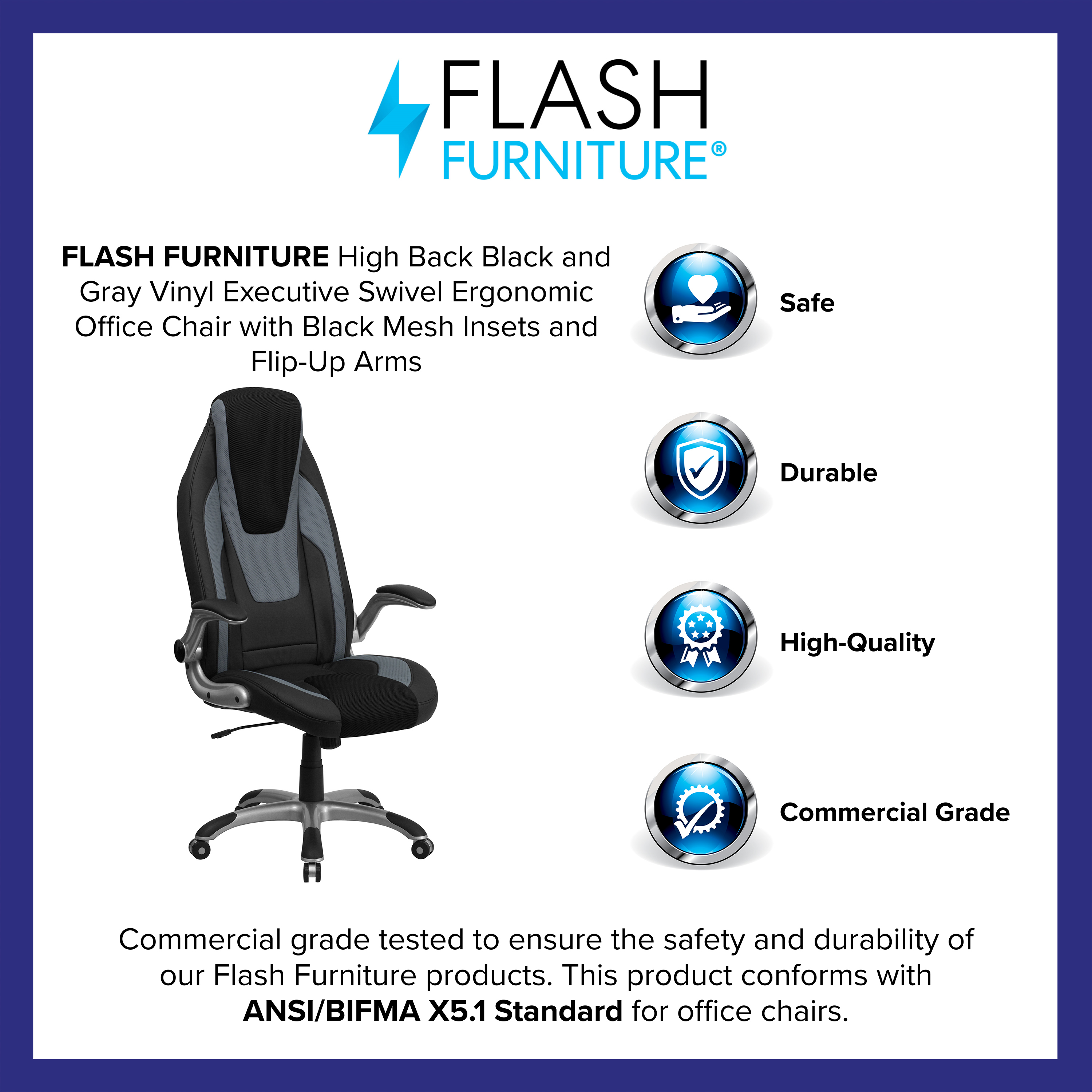 Flash Furniture High Back Black and Gray Vinyl Executive Swivel Ergonomic Office Chair with Black Mesh Insets and Flip-Up Arms - image 3 of 6