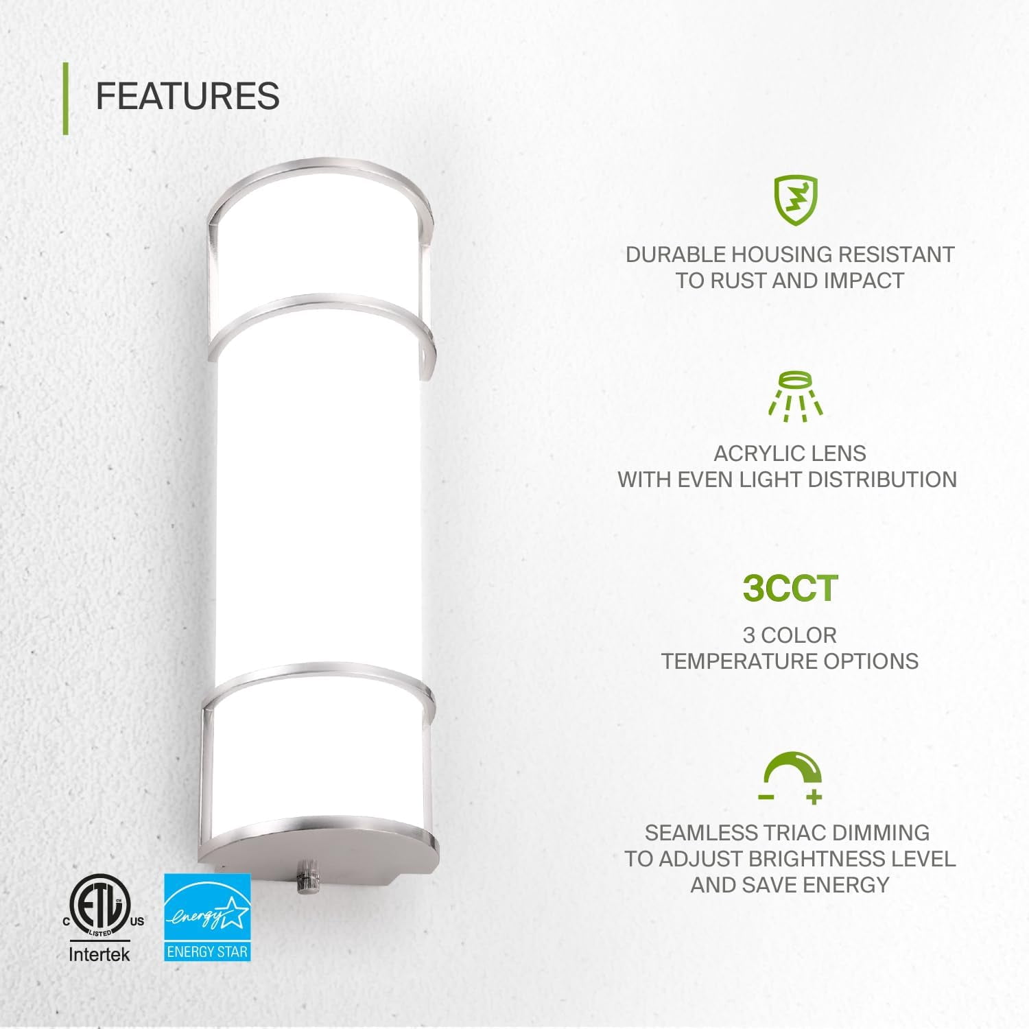 ASD LED 18 Inch Flush Mount Vanity Lighting Fixture | 20W 1650LM 3000K-5000K 120V | 3CCT, Dimmable, Energy Star, ETL Listed | Bathroom Linear Wall Light Bar, Long Tube Bath Sconce | Nickel, 4 Pack