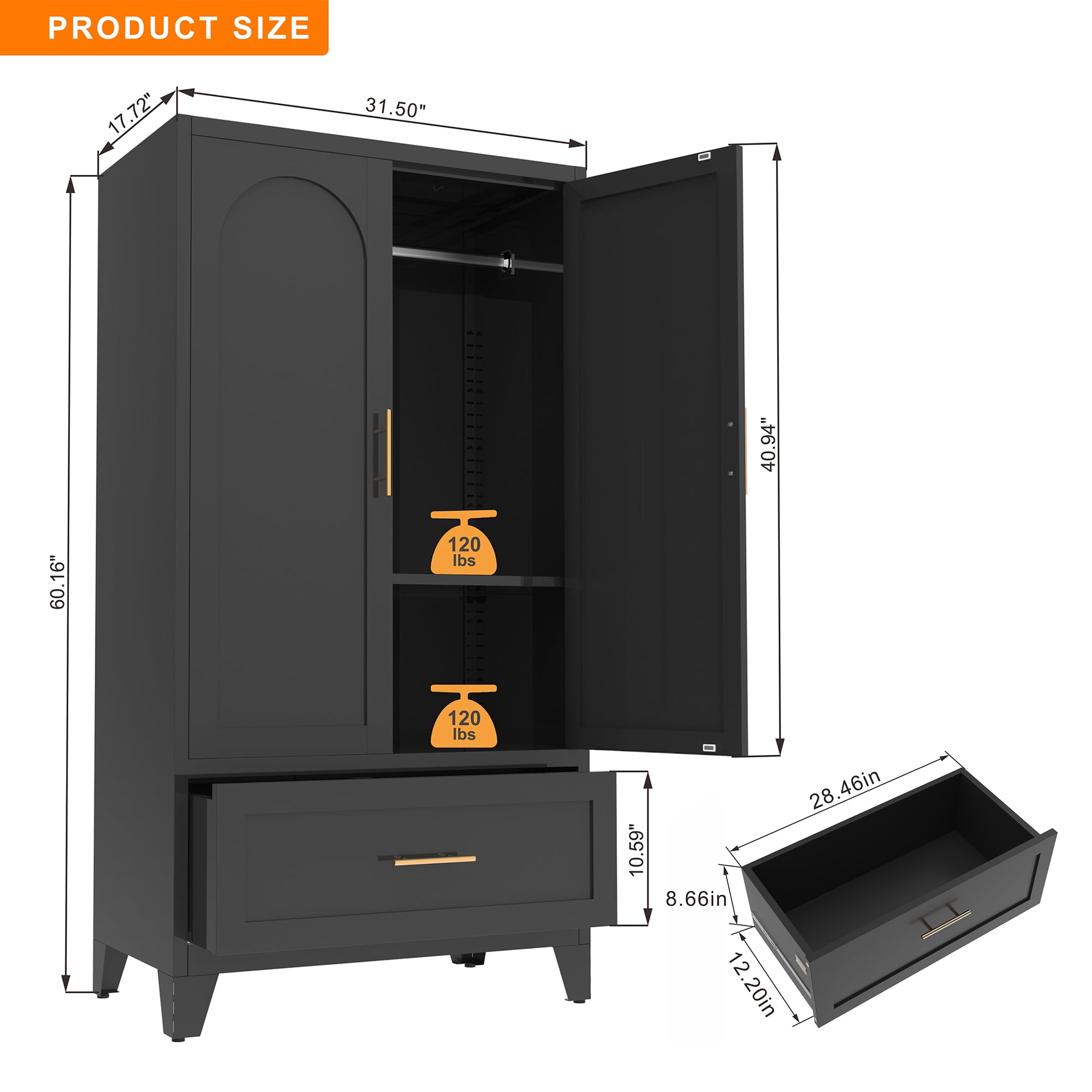 avobird 60" Tall Metal Wardrobe Cabinet with 1 Drawer and Hanging Rod, 2 Doors Wardrobe Closet with Shelf for Bedroom, Black