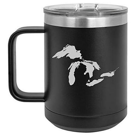 

15 oz Tumbler Coffee Mug Travel Cup With Handle & Lid Vacuum Insulated Stainless Steel Great Lakes Michigan (Black)