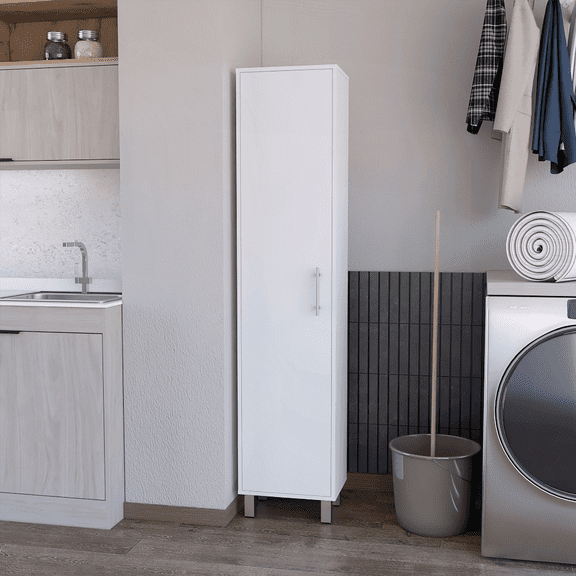 Lawen Tall Single-Door Storage Cabinet with 3 Broom Hangers - Ideal for Laundry Room, Garage & Kitchen