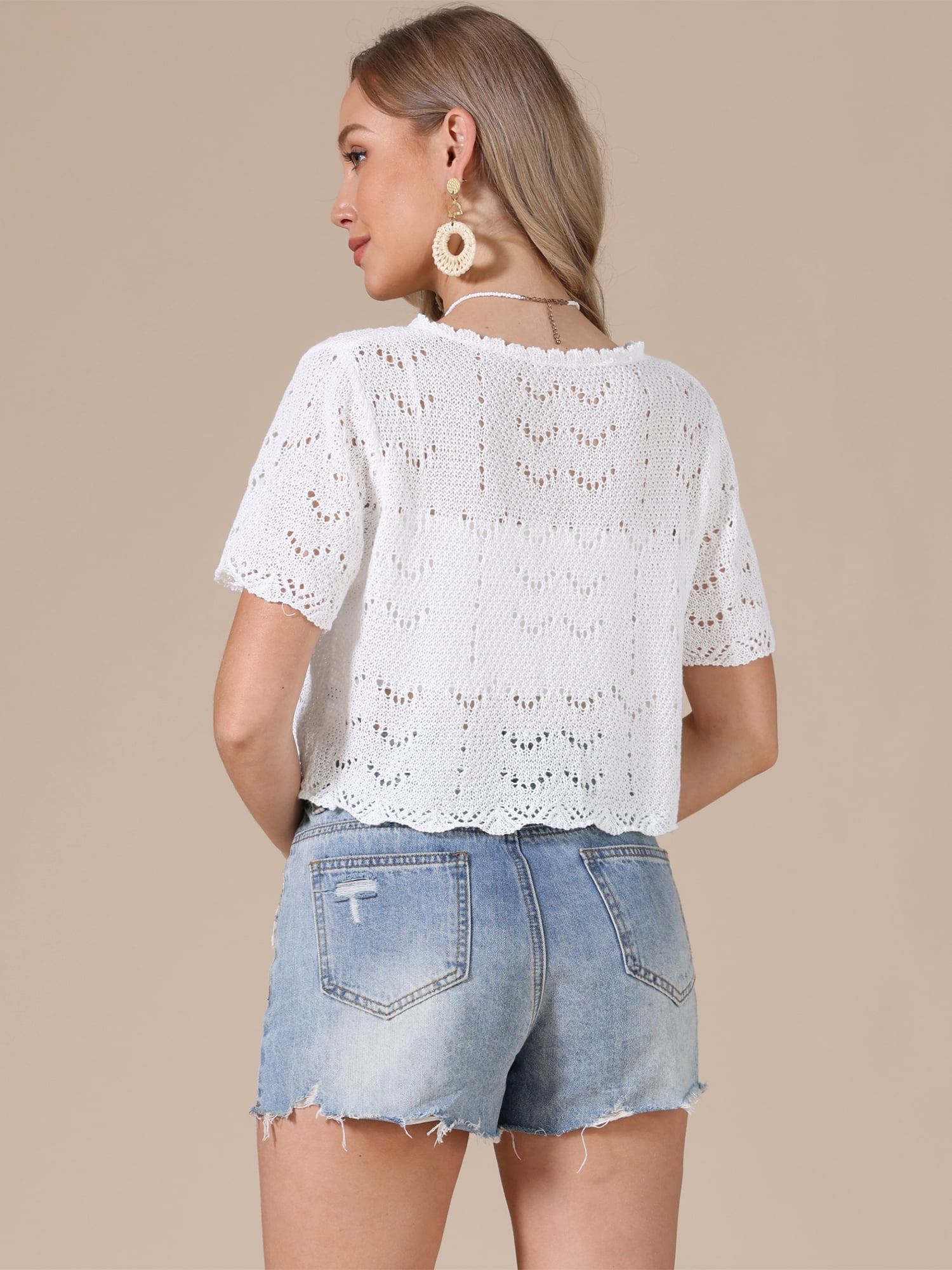 DARING DIVA Women's Crochet Cardigan Tie Front Go Out Short Sleeve Crop Shrug S White