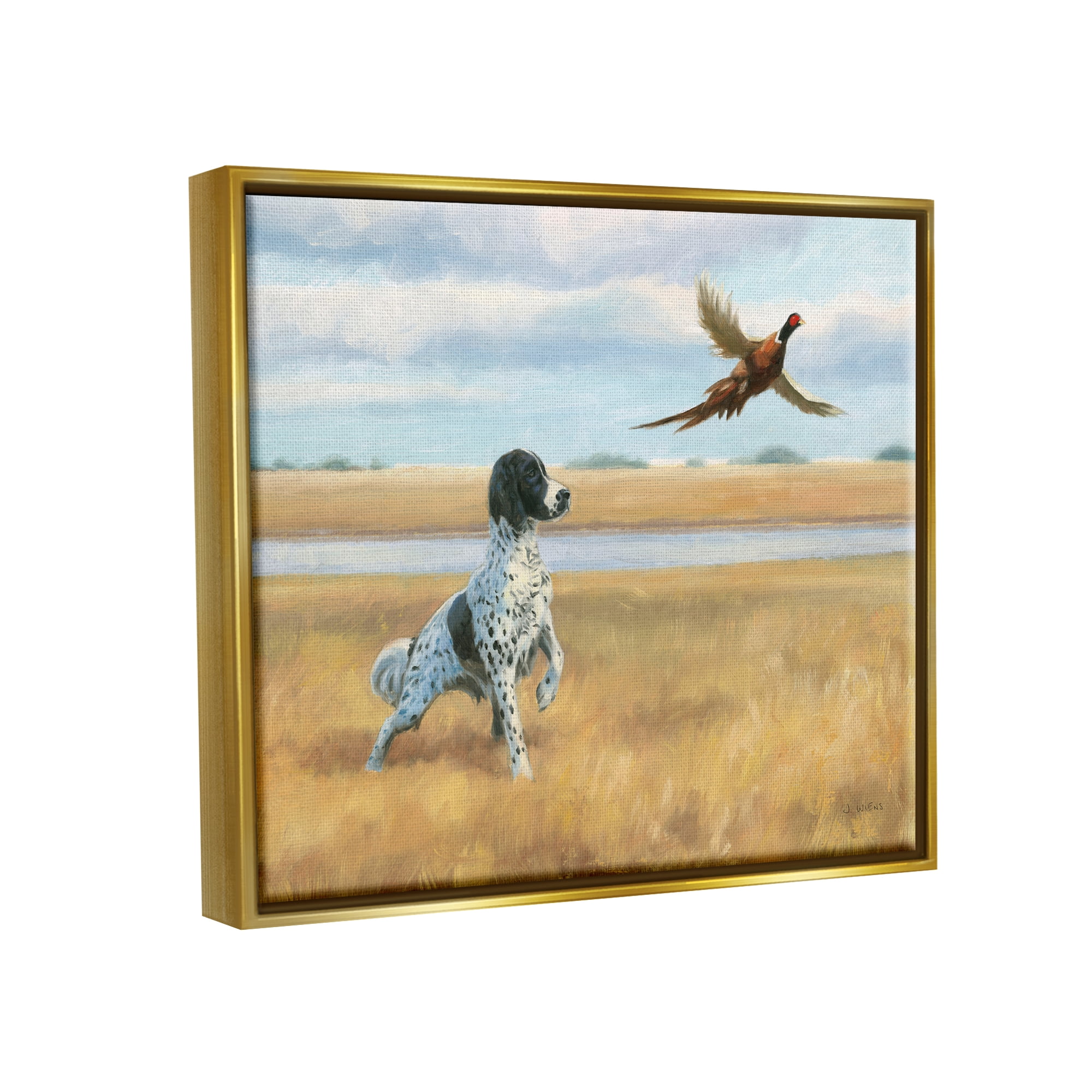 Stupell Industries Pointer Dog & Pheasant Animals & Insects Painting Gold Floater Framed Art Print Wall Art, 21 x 17
