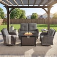 thumbnail image 2 of Patiobula Patio Furniture Set with Propane Fire Pit Table, 5 Pieces Outdoor Sectional Couch, Brown Wicker Rattan Conversation Loveseat Glider with Swivel Chair for Garden Backyard Deck, Gray, 2 of 15
