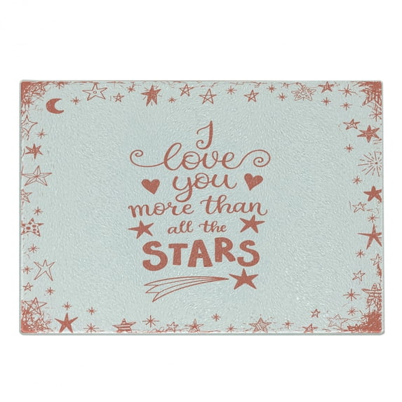 I Love You More Cutting Board, Words of Infatuation Surrounded by Stars Scribble Art for Valentines, Decorative Tempered Glass Cutting and Serving Board, Small Size, Vermilion White, by Ambesonne