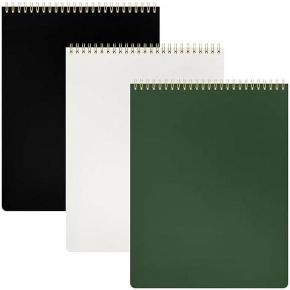 Top Bound Spiral Notebook, 3 Pack, Lined Notepad, (Black/Dark Green/Grey), 70 Sheets (140 Pages) Per Notebook, Wide/Legal Ruled, 8.5 inches x 11 inches