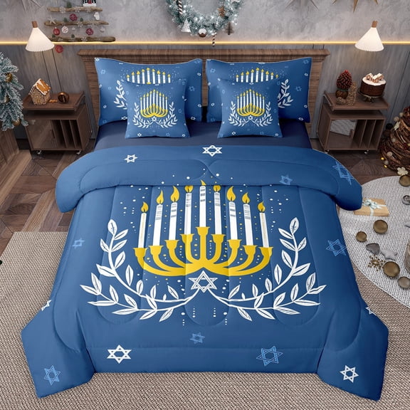 Feelyou Child Happy Hanukkah Twin Bedding Sets 7-Piece, Western David Star Bedding Comforter Set, Olive Branch Botanical Reversible Sheet Sets, Ultra Soft Bedroom Decor