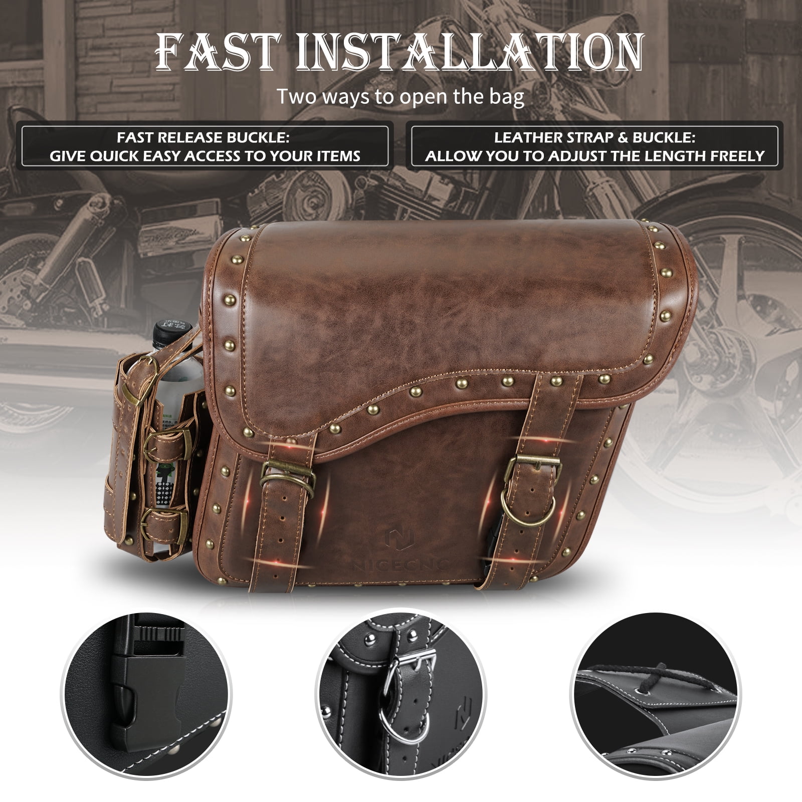 NICECNC Large Vintage Motorcycles Brown PU Leather Saddlebags 35L Panniers Luggage for Harley Honda Walmart