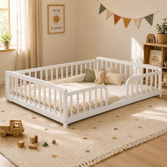 Miniyam Full Size Floor Bed with Guardrails, Low Profile Wooden Kids Bed Frame with Rounded Entrance, White
