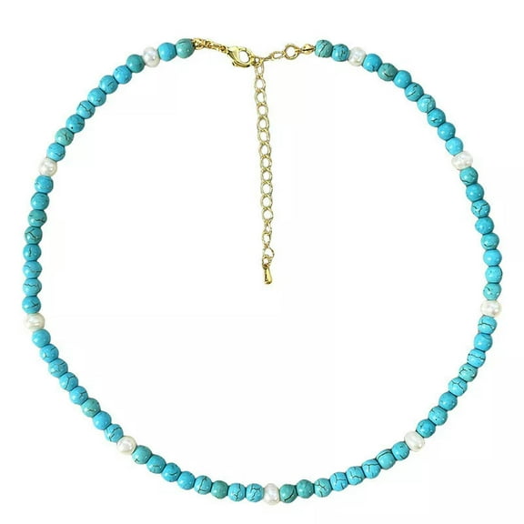 K-KED Faceted Blue Aquamarine Rondelle Gems Beads White Pearl Necklace