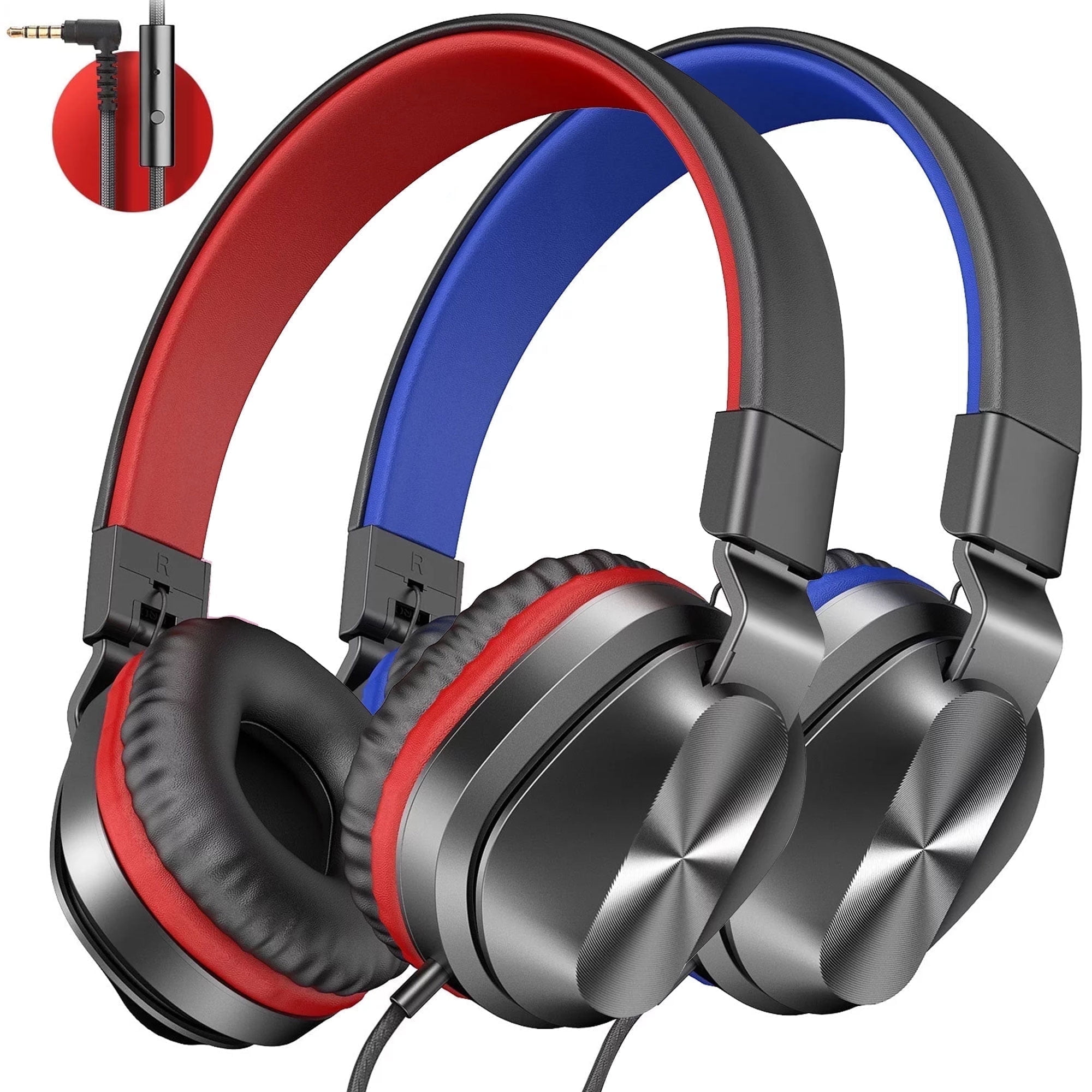 2Pcak Kids Headphones, Wired On-Ear Headphones for Girls Boys with MIC, Tangle-Free 3.5mm Jack Foldable Stereo Headphones for School/Tablet/Travel