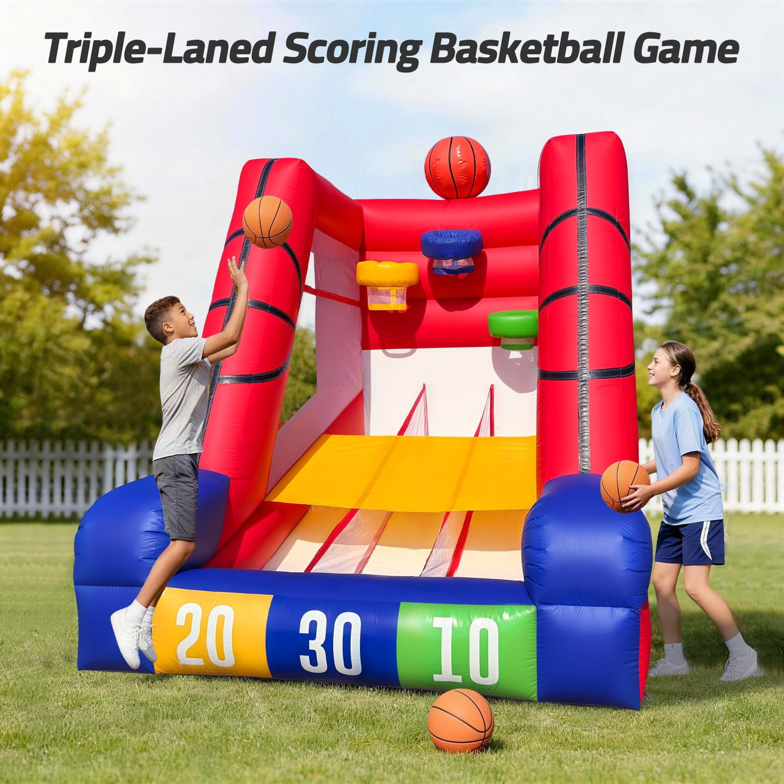 12Ft Inflatable Basketball Challenge Game, Commercial Grade PVC Basketball Game with 3 Balls & Air Blower, Multi-Player Inflatable Carnival Game for Outdoor Fun, Home & Rental Use