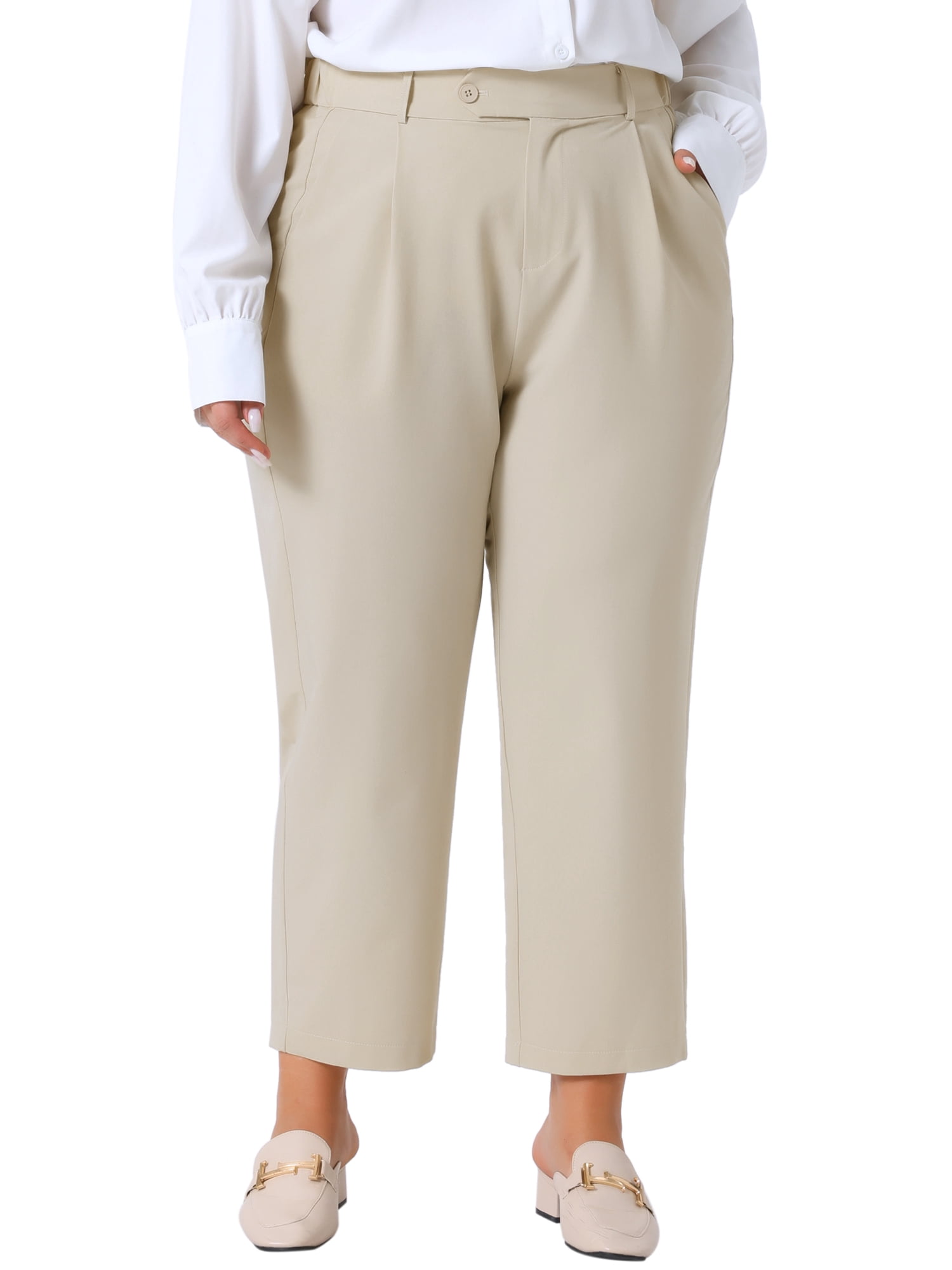 DARING DIVA Women's Plus Elastic High Waisted Long Straight Pants 1X Light Khaki
