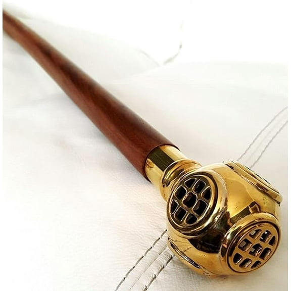 "Brown Wooden Walking Cane Stick with Solid Brass Head Handle | Antique Vintage Style Gift Cane – 35 Inches"