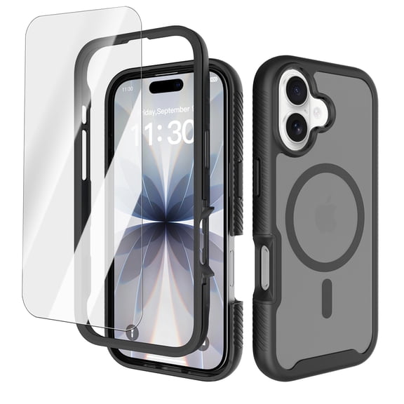 Dteck Magnetic Case with Tempered Glass Screen Protector for iPhone 17,Shockproof Matte Translucent PC TPU Case Compatible with Mag Safe Back Cover,Black