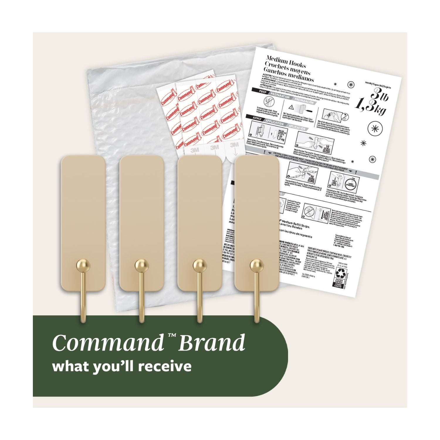 Command Medium Hooks, Latte, Holds 3 lbs, 4 Hooks, 6 Adhesive Strips