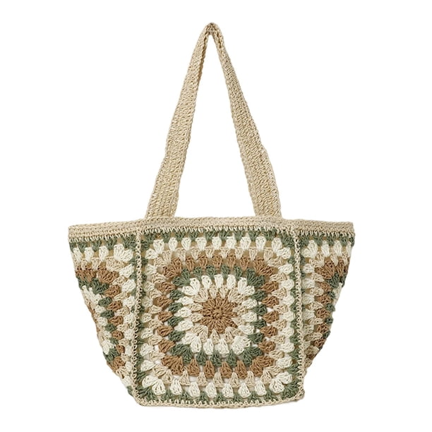 Bolso de playa con cordón de papel de crochet, informal, de un solo hombro, para viajes y uso diario. Verde