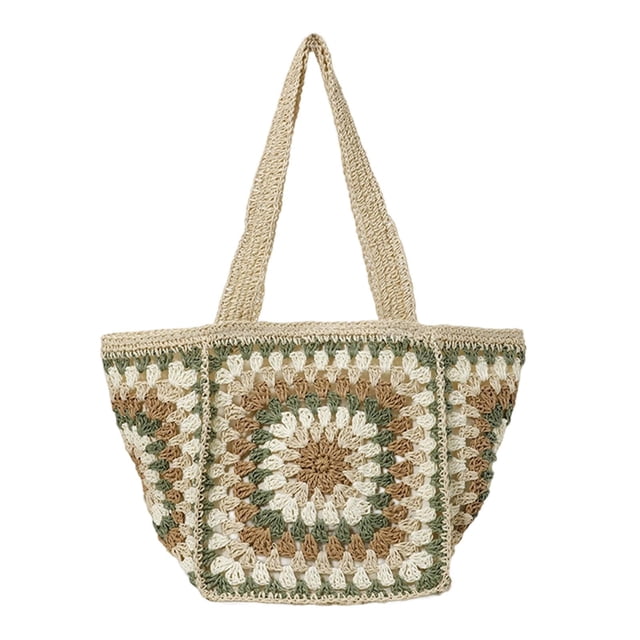 Bolso de playa con cordón de papel de crochet, informal, de un solo hombro, para viajes y uso diario. Verde