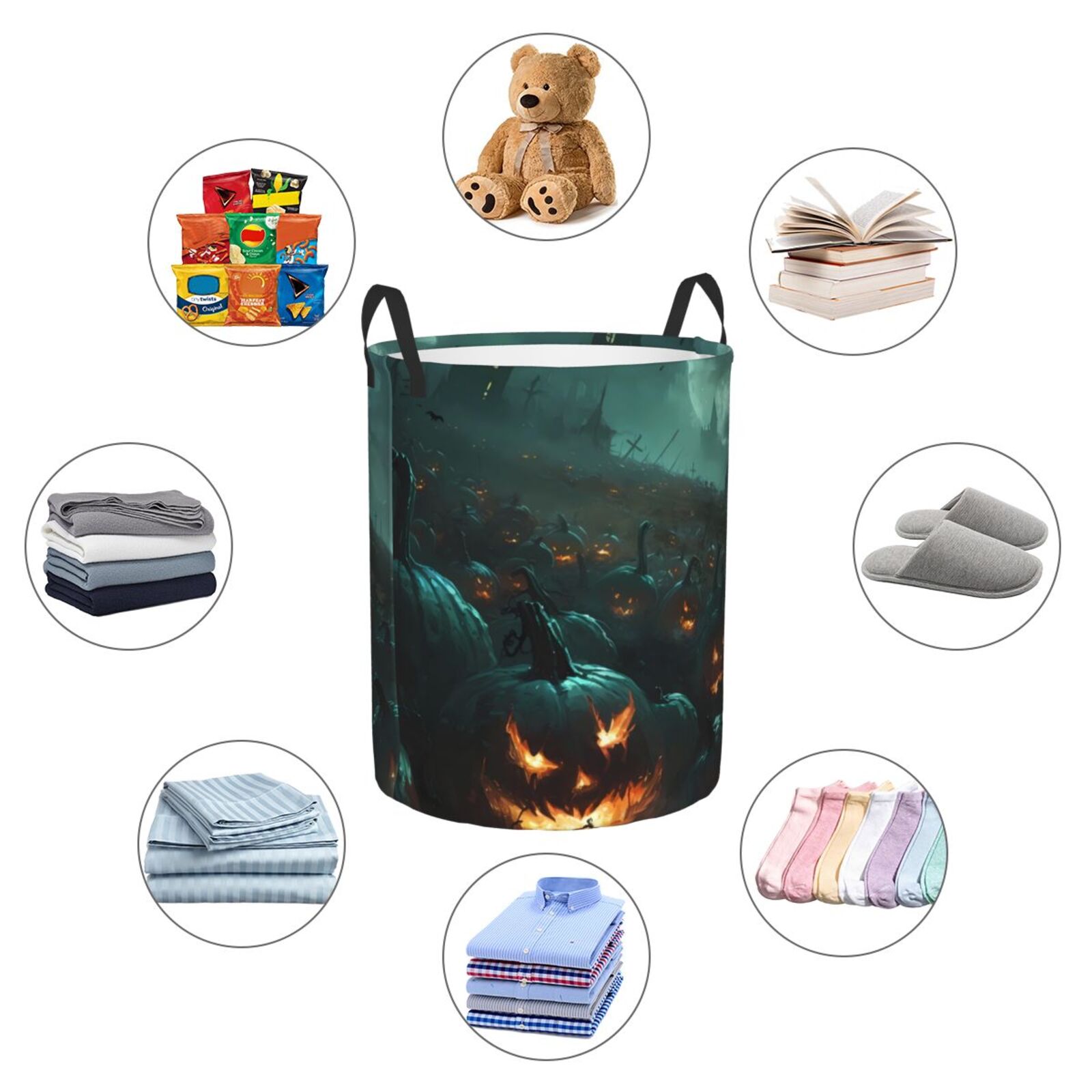 Large Laundry Basket with Handles - Halloween Night Sky Pumpkin Field Kids Baby Dirty Clothes Laundry Hamper for Bedroom Aesthetic