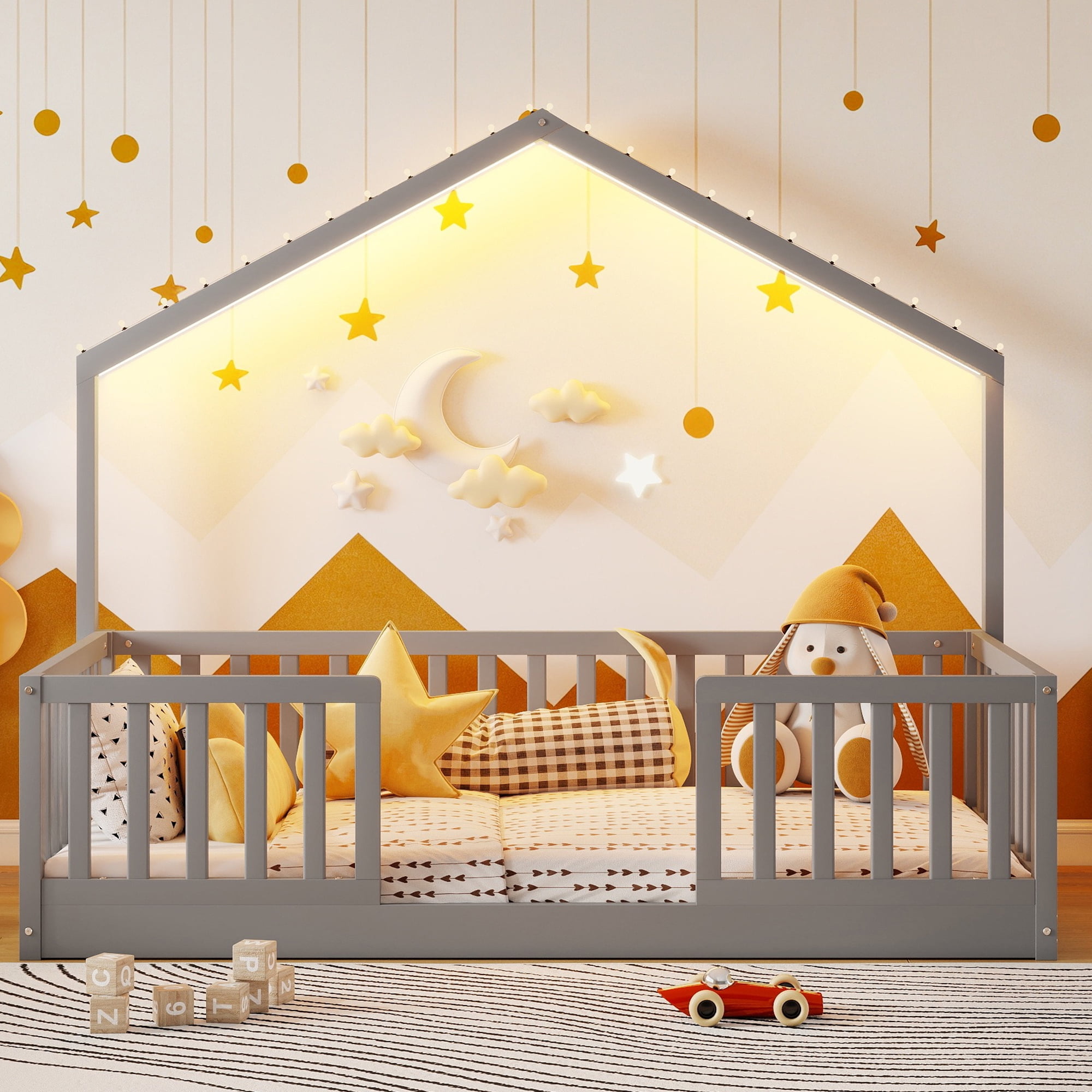 Twin Floor Bed with High Rails, Wooden Montessori Bed Frame with Single Color Light and House Shape Design, Low Profile Beds for Kids, twin bed frames Gray