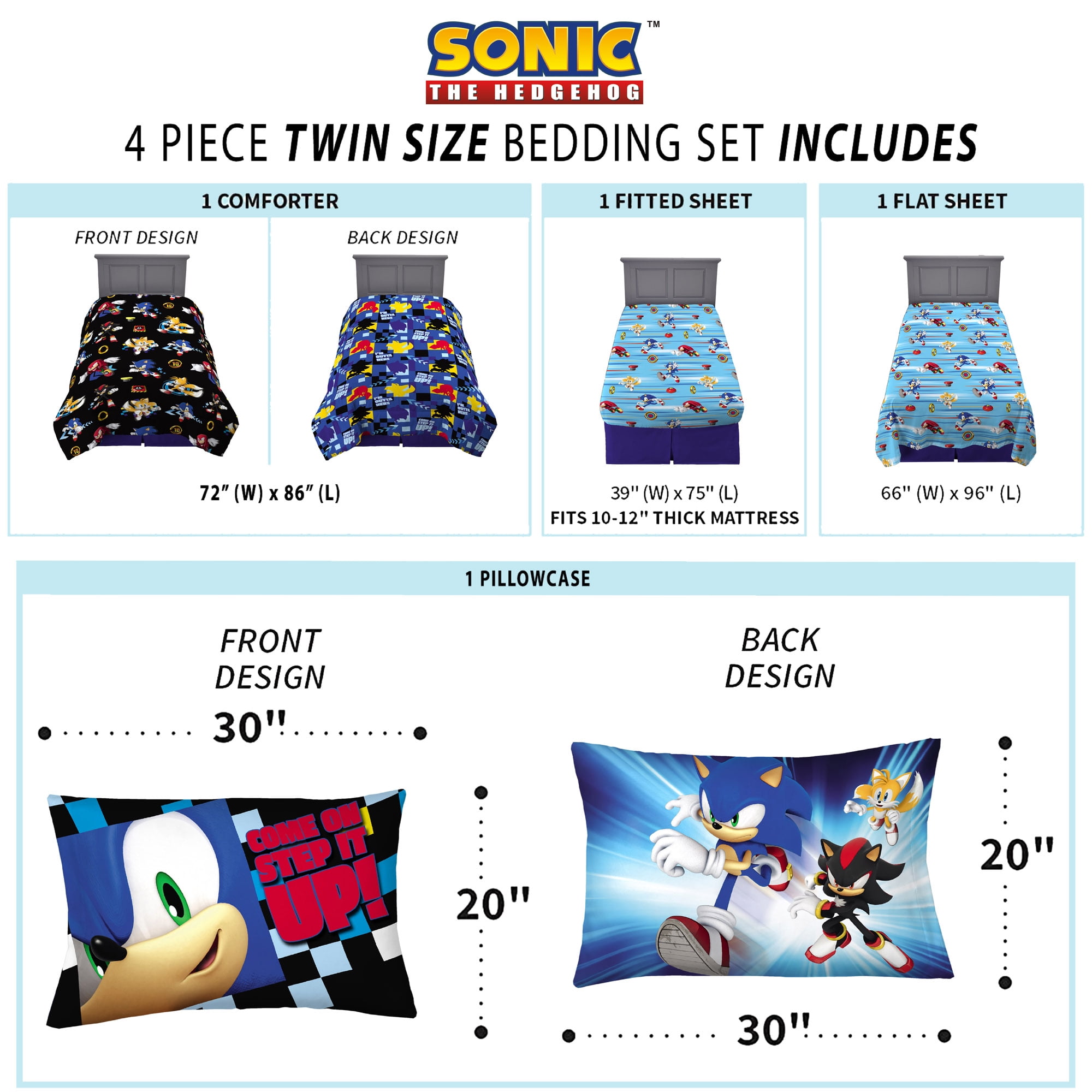 Sonic the Hedgehog Kids Twin Bed in a Bag, Gaming Bedding, Comforter and Sheets, Sega