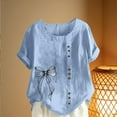 thumbnail image 4 of Xuyuer Women's Casual Linen Round Neck Printed Short Sleeve Button Blouse, Breathable Summer Top for Vacation Wear, Market Days and Relaxed Boho Style, 4 of 5