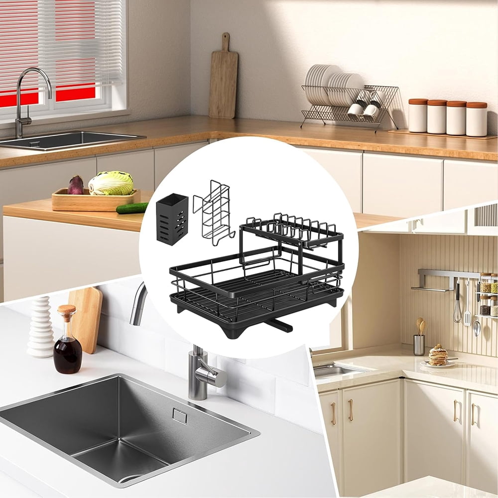 XMZHOU Dish Drying Racks for Kitchen Counter Carbon Steel Space-Saving 2 Tiers Bowl and Plate Storage Rack Kitchenware Countertop Organizer, Black