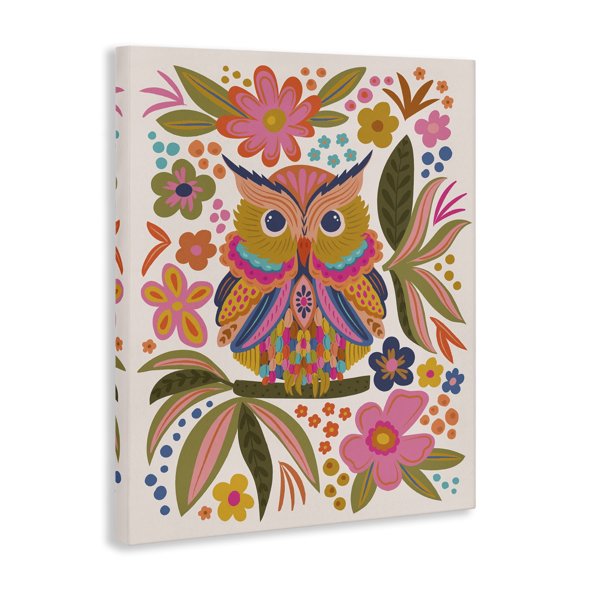 Stupell Industries Eclectic Owl & Flowers Animals Painting Wrapped Canvas Art Print Wall Art, 36 x 48