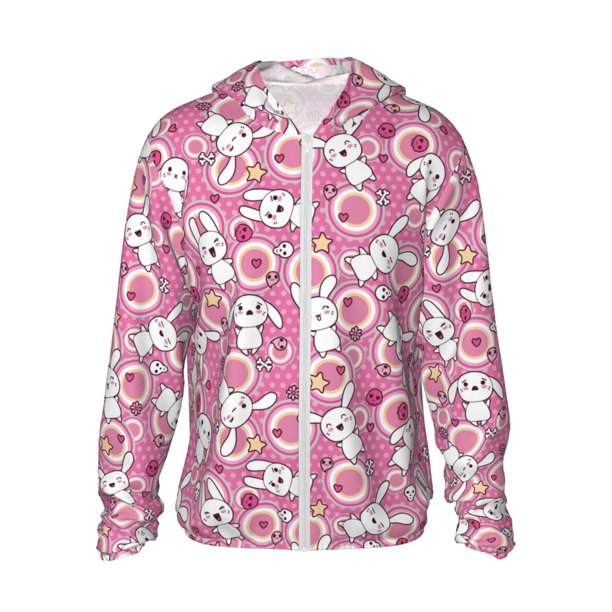 Fotbe Cute Rabbit Chaqueta con Protección Solar UPF 50+ para Hombre y Mujer, Camisa con Capucha y Bolsillos-Small