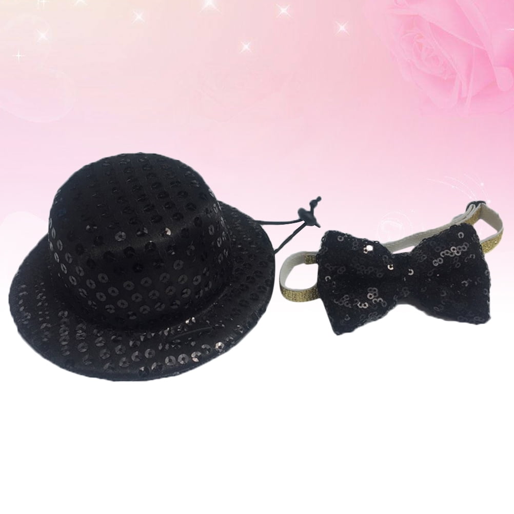 HONITANO 2Pcs Black Pet Hat and Tie Set Sequins Design Soft Comfortable Party Accessory