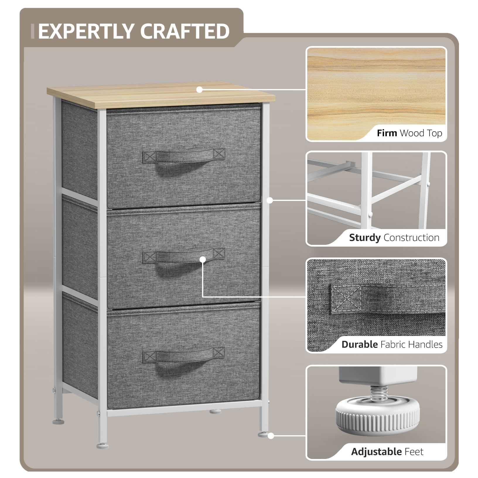 Sorbus 3-Drawer Nightstand with Steel Frame, Wood Top, Fabric Bins, Beige