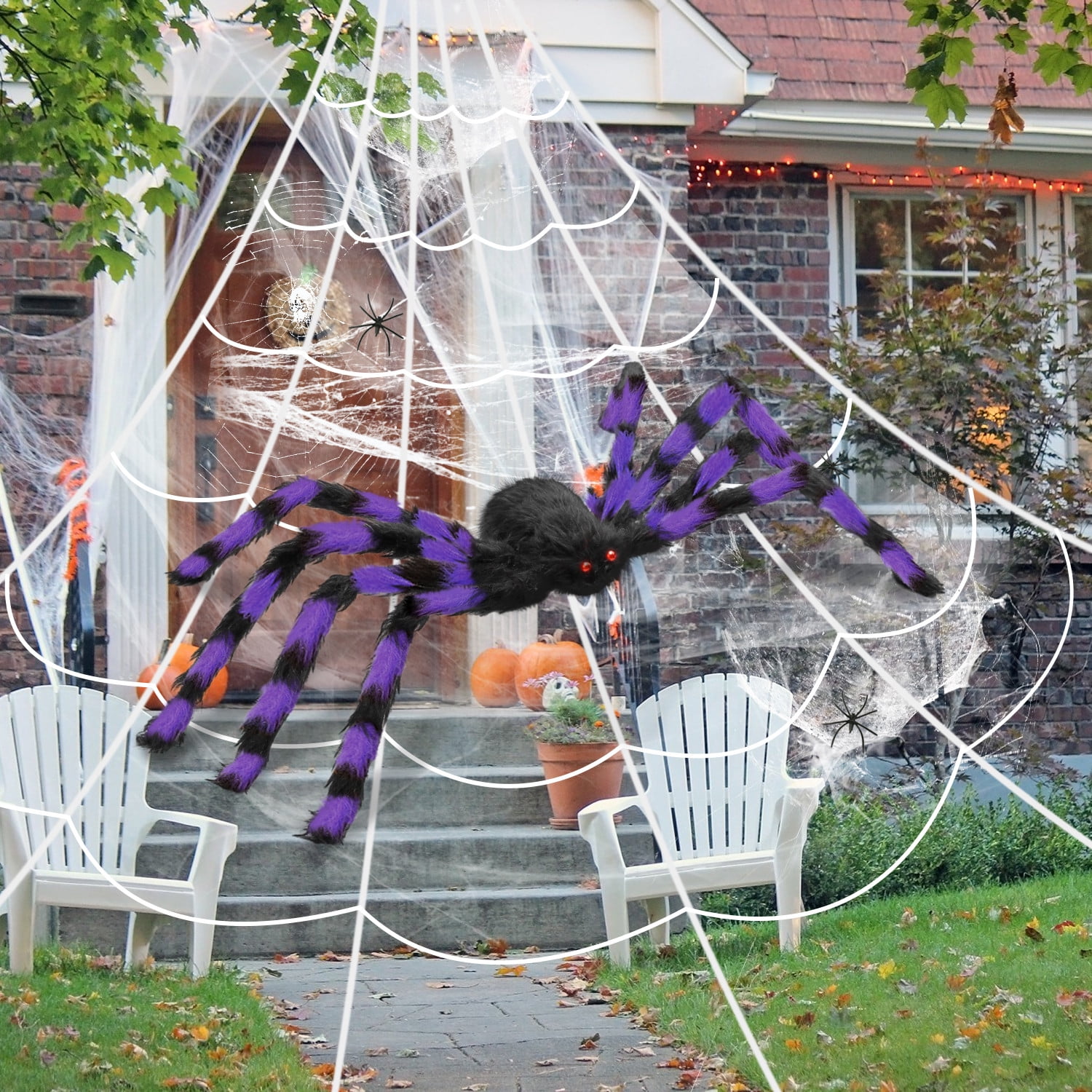 Innens 11.8ft Halloween 144 LED Purple Spider Web Lights with 35" Giant Spider Light up Cobweb Halloween Decorations for Indoor Ourdoor Garden Yard Home Patio (Purple, 5Pcs)
