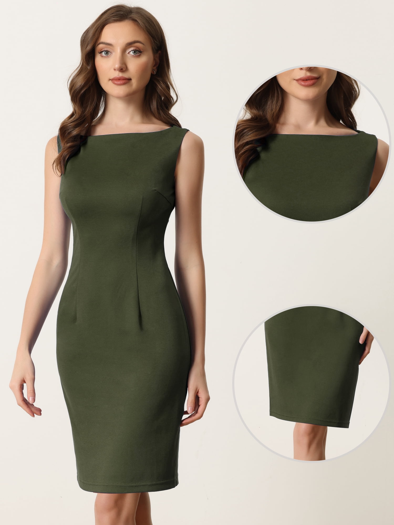 DARING DIVA Women's Boat Neck Casual Office Sleeveless Sheath Dresses M Olive Green