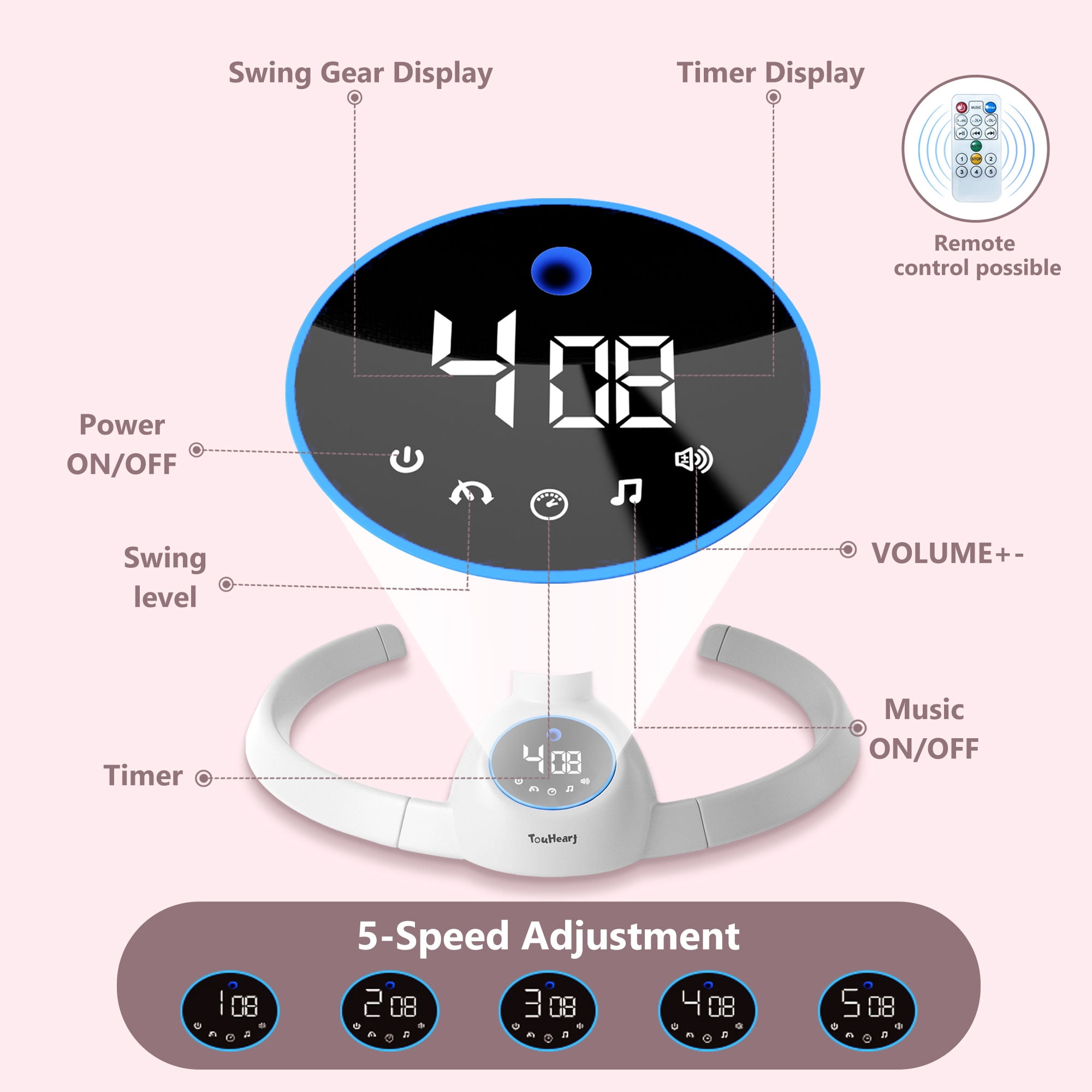 TouHeart Baby Swing, Electric Infant Rocker with Bluetooth & Remote, 5 Speeds, 10 Lullabies, Pink