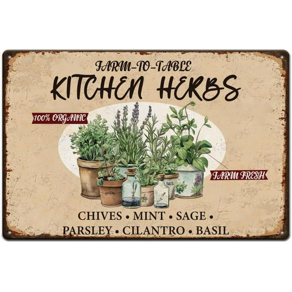 1 pc Kitchen Herbs Metal Tin Sign Plants Vintage Metal Wall Poster Potted Plants Retro Metal Signs Garden Vintage Metal Tin Sign Funny Decor for Garden Kitchen Home Indoor Outdoor Retro Decor