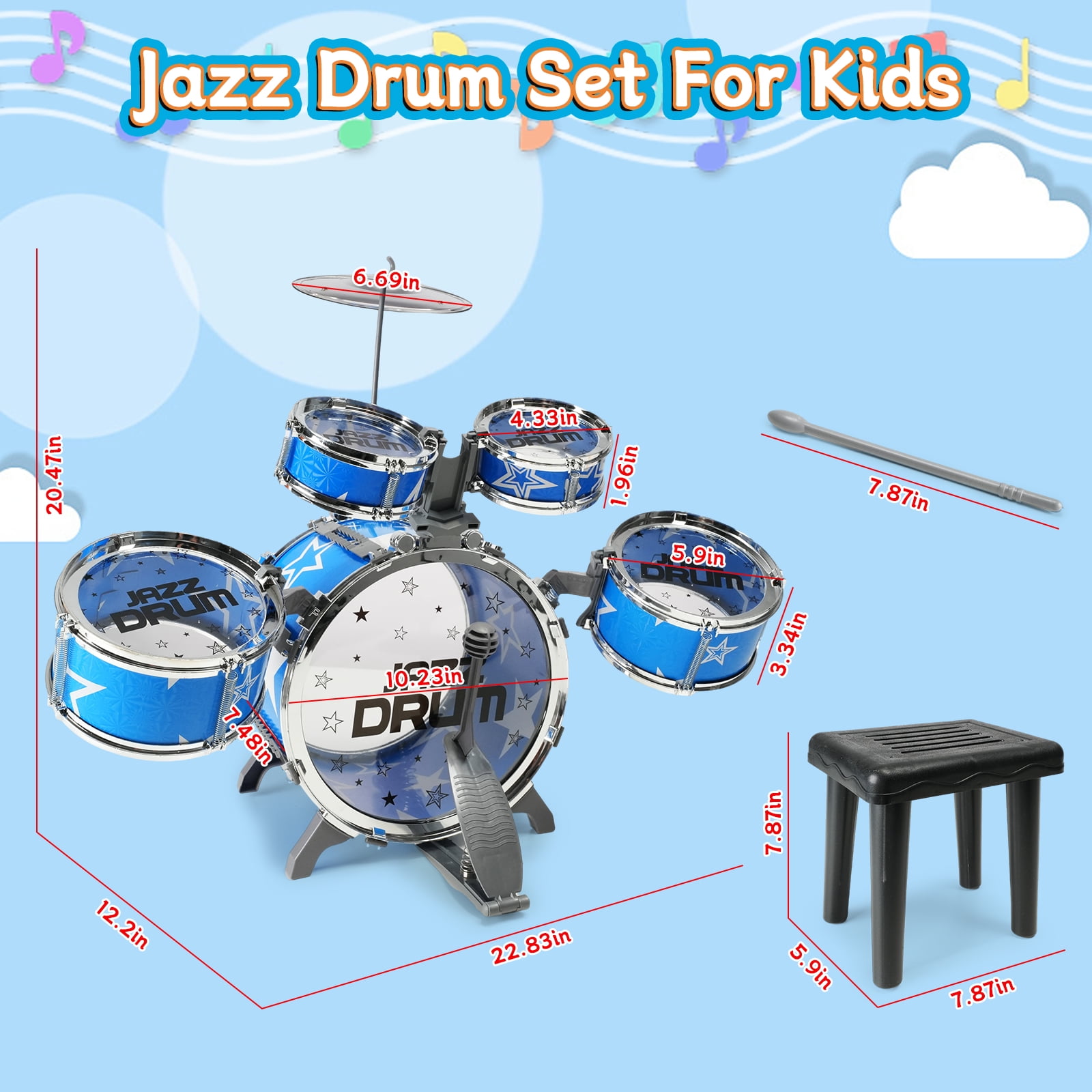 JBeeCtrl Kids Drum Set for Toddlers 1-3 Drum Set for Kids with Chair Musical Jazz Drum Toys for Boys Girls Aged 2 3 4 5 6 7 Drum Kit Instrument Christmas Birthday Gift