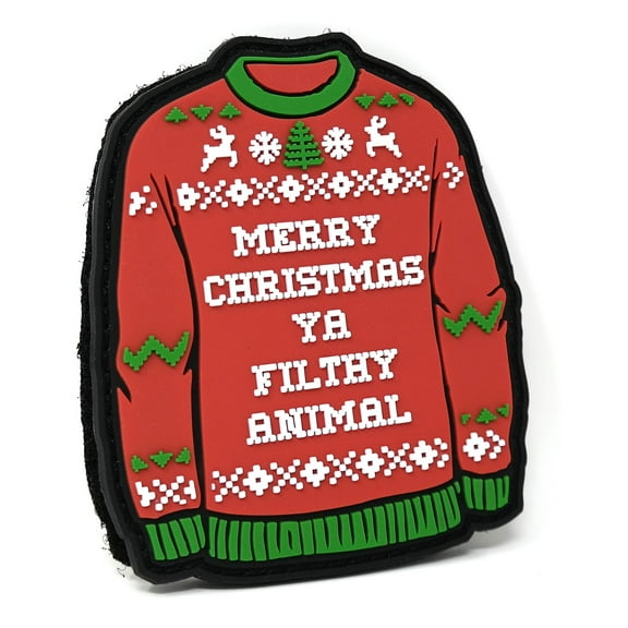 Merry Christmas Ya Filthy Animal Ugly Sweater PVC Rubber Tactical Patch | Christmas Hook and Loop Patch