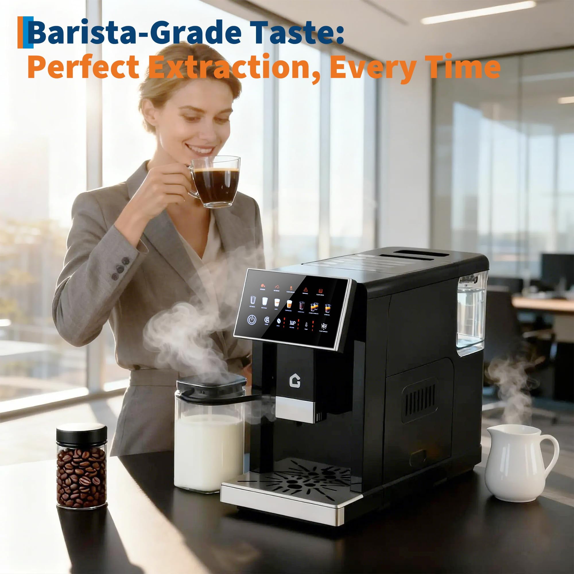 One-Touch Espresso Machine with Grinder & Frother - 6 Custom Recipes