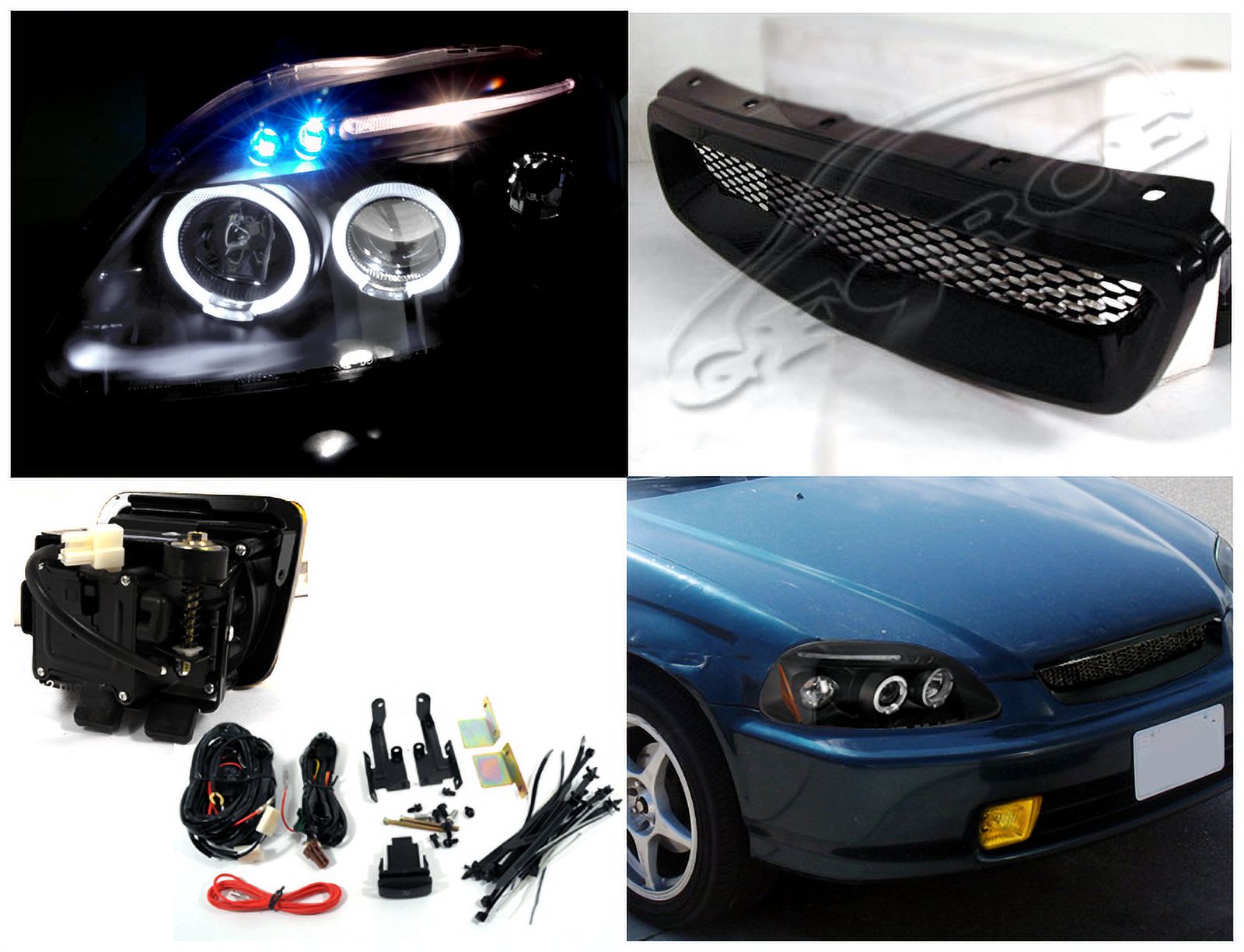 Spec-D Tuning Black LED Halo Projector Headlights + Hood Grille – For 2006-2008 Honda Civic 2dr Coupe
