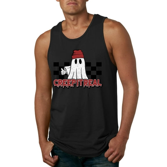 Wild Bobby Creep It Real Ghost Checker Background Halloween Red and Black Halloween Men Tank Top, Black, Small