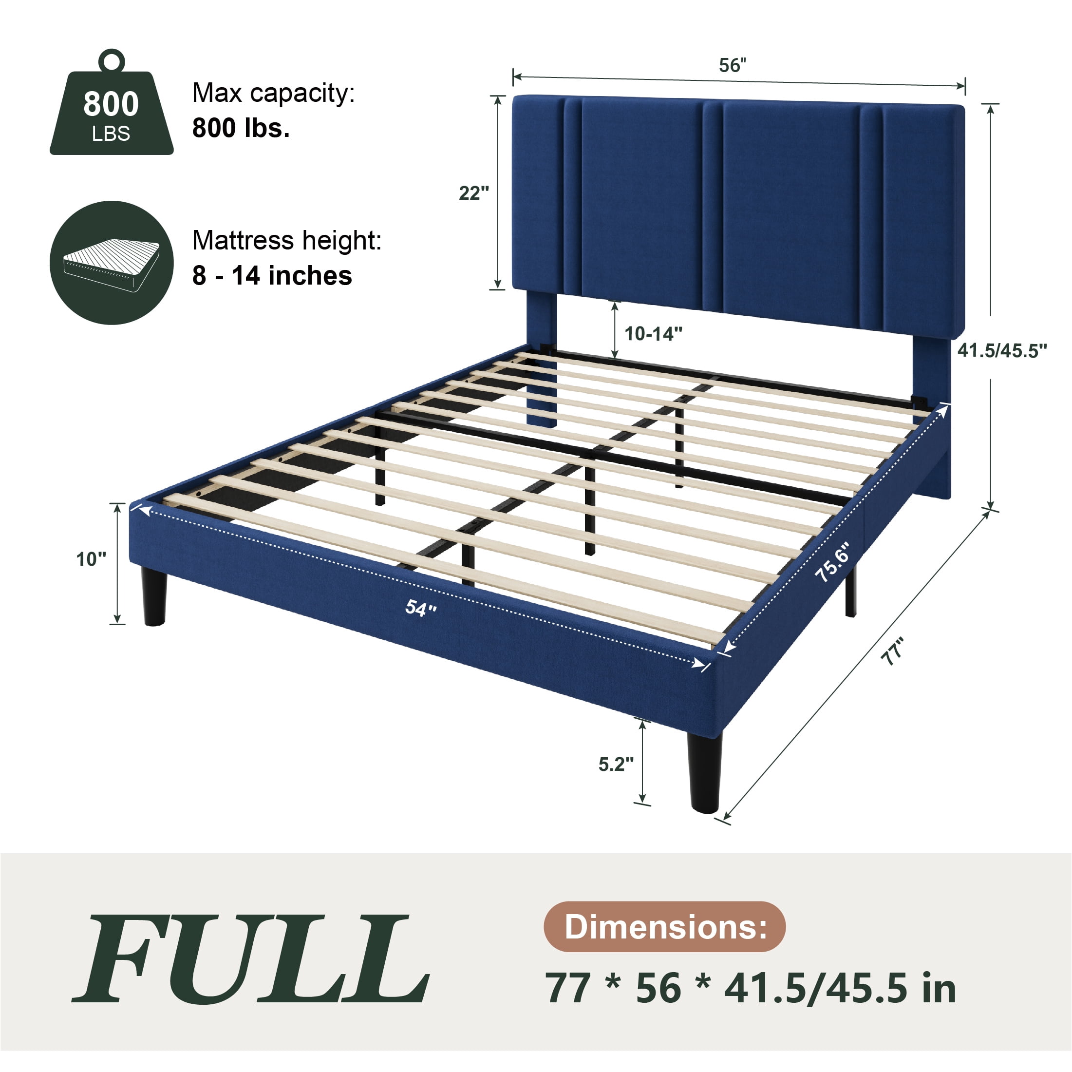 Amolife Full Bed Frame, Platform Bed with Upholstered Velvet Adjustable Headboard, Wooden Slats, Easy Assembly, Blue