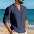 thumbnail image 5 of Mens Linen Tops V Neck Long Sleeve Solid Color Loose Tshirts Beach Travel Tees Casual T-shirts for Men (L, Navy), 5 of 6