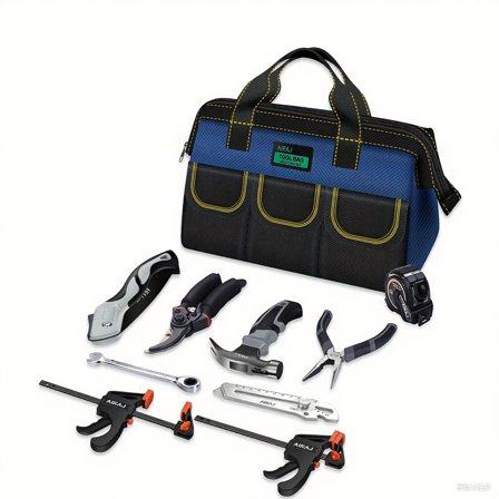 AIRAJ 10-Piece Home Tool Set with 13" Wide Mouth Tool Bag for Garden, Office & DIY Projects