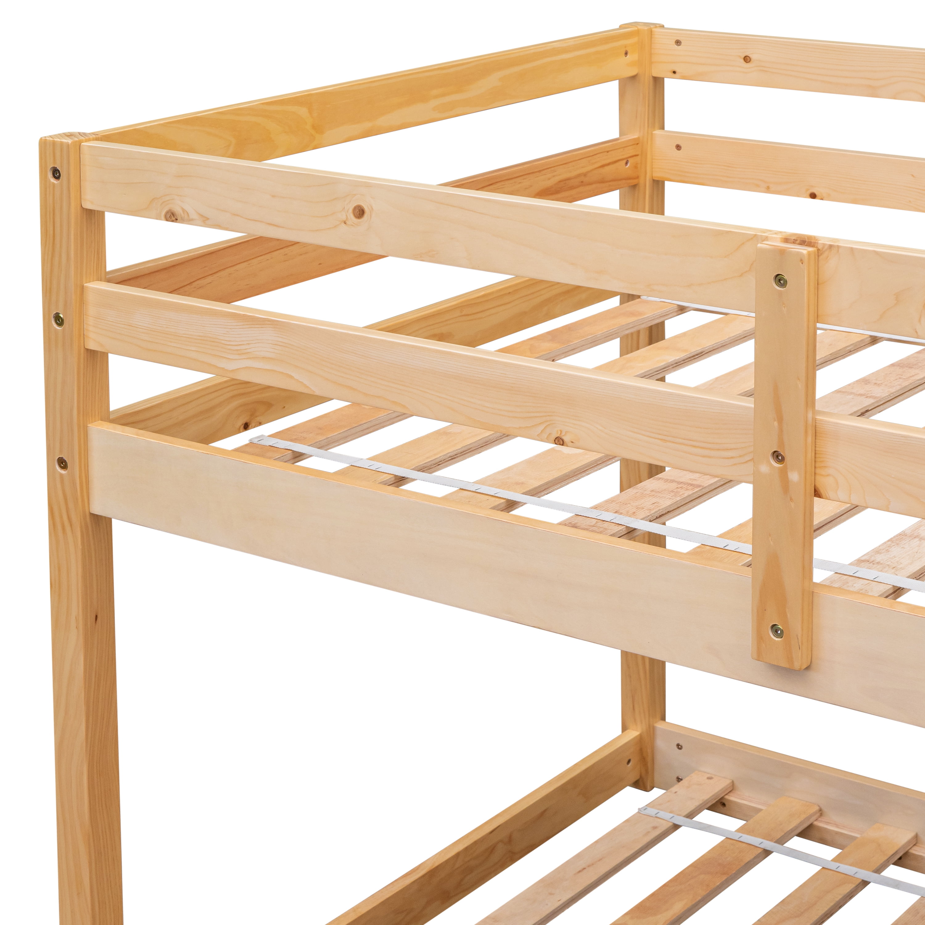 PORKISS Bunk Bed Twin Over Twin, Low Floor Bunk Bed for Kids with Guard Rails for Dorm, Small Space, No Box Spring Needed, Natural